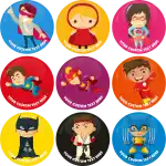 Kids party heroes badge button 9 pieces