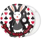 White Rabbit clock pattern pin badge button