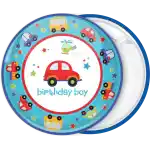 Birthday boy cars pin badge button
