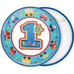 1st Birthday round carspin badge button
