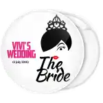 The Bride kiss with name pin badge button
